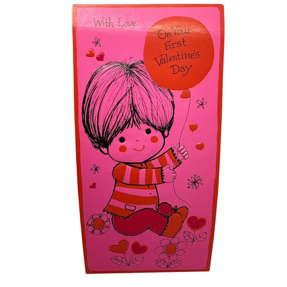 1970s Vintage Buzza Cardozo First Valentine's Day Greeting Card Boy with Balloon